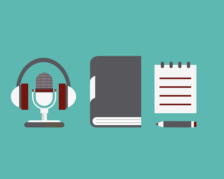headphones and mic with notebook and pencil illustration