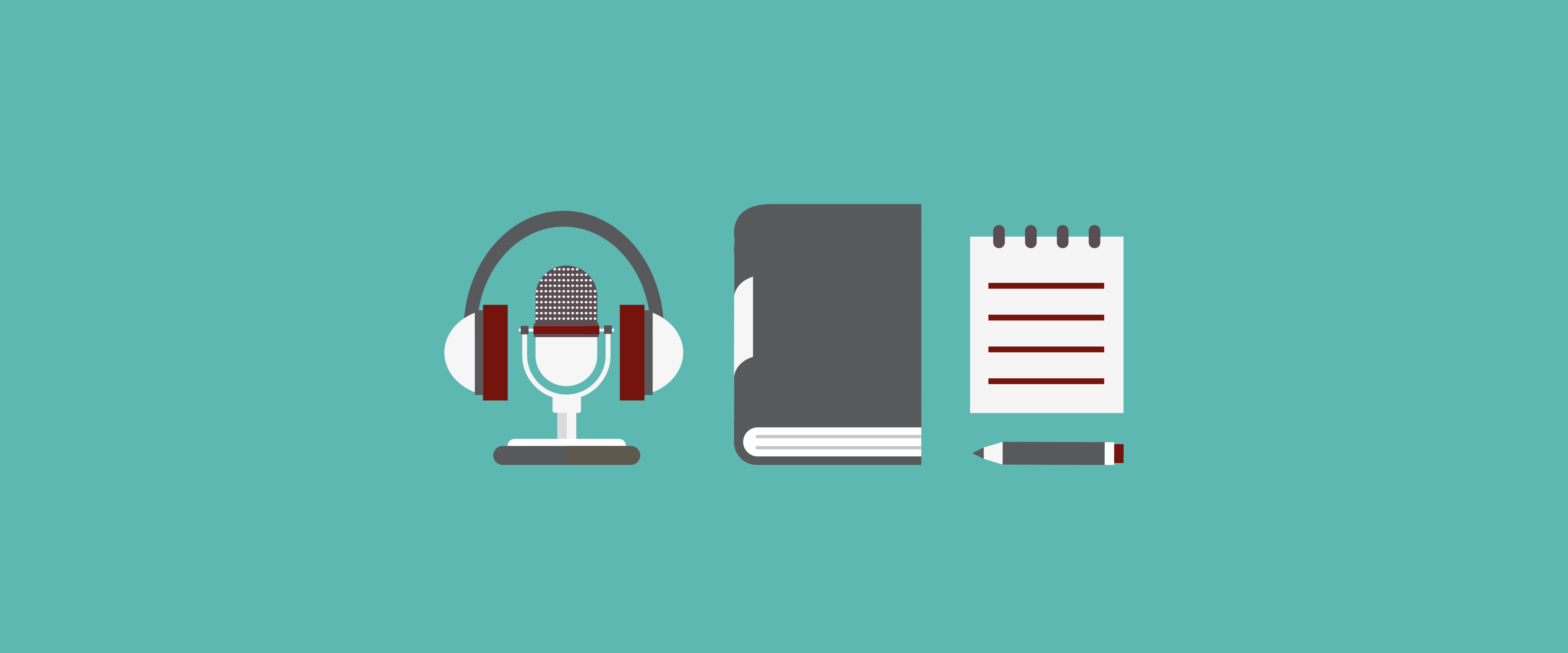 headphones and mic with notebook and pencil illustration